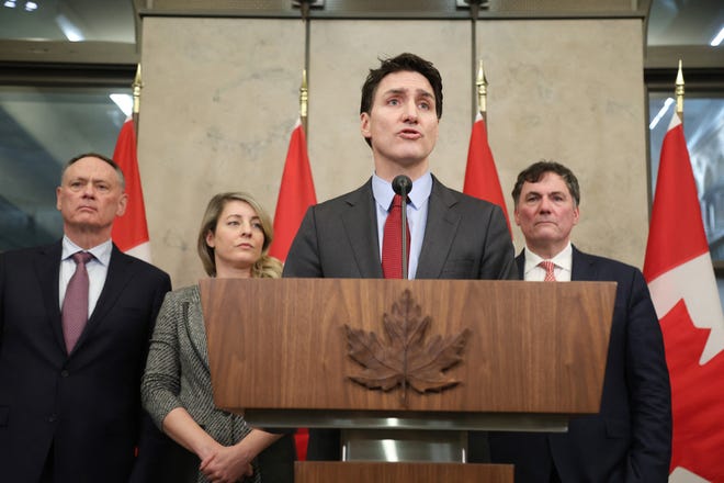 Canadian Prime Minister Justin Trudeau speaks at a news conference Feb. 1, 2025, in Ottawa on President Donald Trump's tariffs.