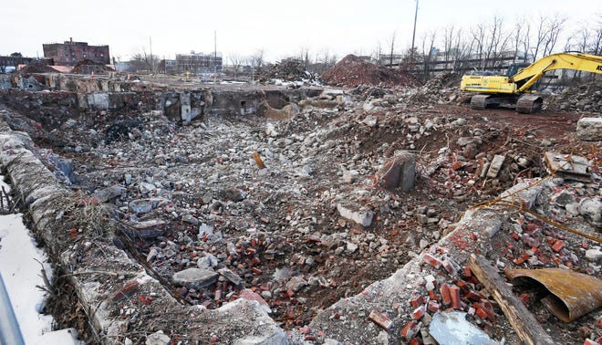 Site clearance work continues at the former Quin-T site at East 16th and French streets in Erie on Feb. 4, 2025.