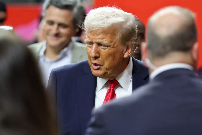 Feb 9, 2025; New Orleans, LA, USA; President Donald Trump on the sideline before Super Bowl LIX between the Philadelphia Eagles and the Kansas City Chiefs at Caesars Superdome. Mandatory Credit: Geoff Burke-Imagn Images