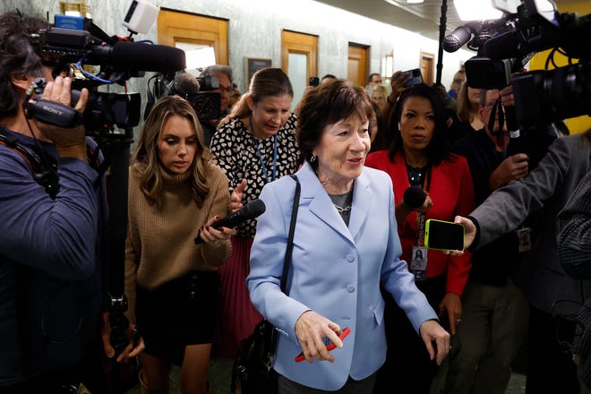 Senate Appropriations committee Ranking Member Susan Collins (R-ME) is followed by reporters as she leaves a Senate Appropriations committee hearing in the Dirksen Senate Office Building on November 20, 2024 in Washington, DC.