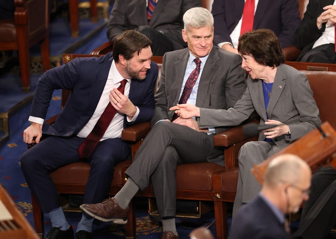 U.S. Vice President-elect Sen. JD Vance (R-OH) (L), Sen. Bill Cassidy (R-LA) and Sen. Susan Collins (R-ME) attend a joint session of Congress to ratify the 2024 Presidential election at the U.S. Capitol on January 06, 2025 in Washington, DC.
