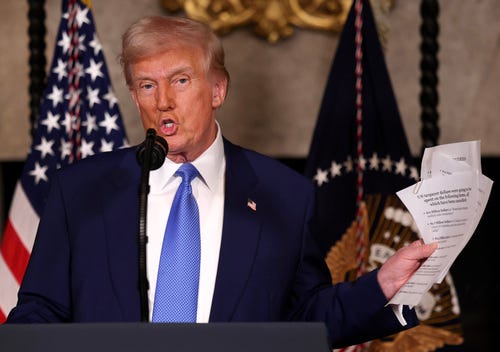 President Donald Trump at a news conference at his Mar-a-Lago estate on Feb. 18, 2025, in Palm Beach, Fla.
