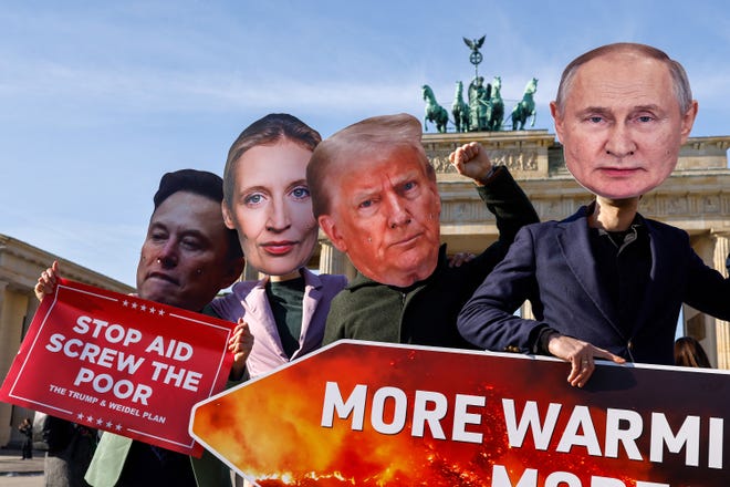 Activists in Berlin wear masks on Feb. 20, 2025, to protest, from left, Tesla CEO Elon Musk, far-right Alternative for Germany party candidate Alice Weidel, U.S. President Donald Trump and Russian President Vladimir Putin.