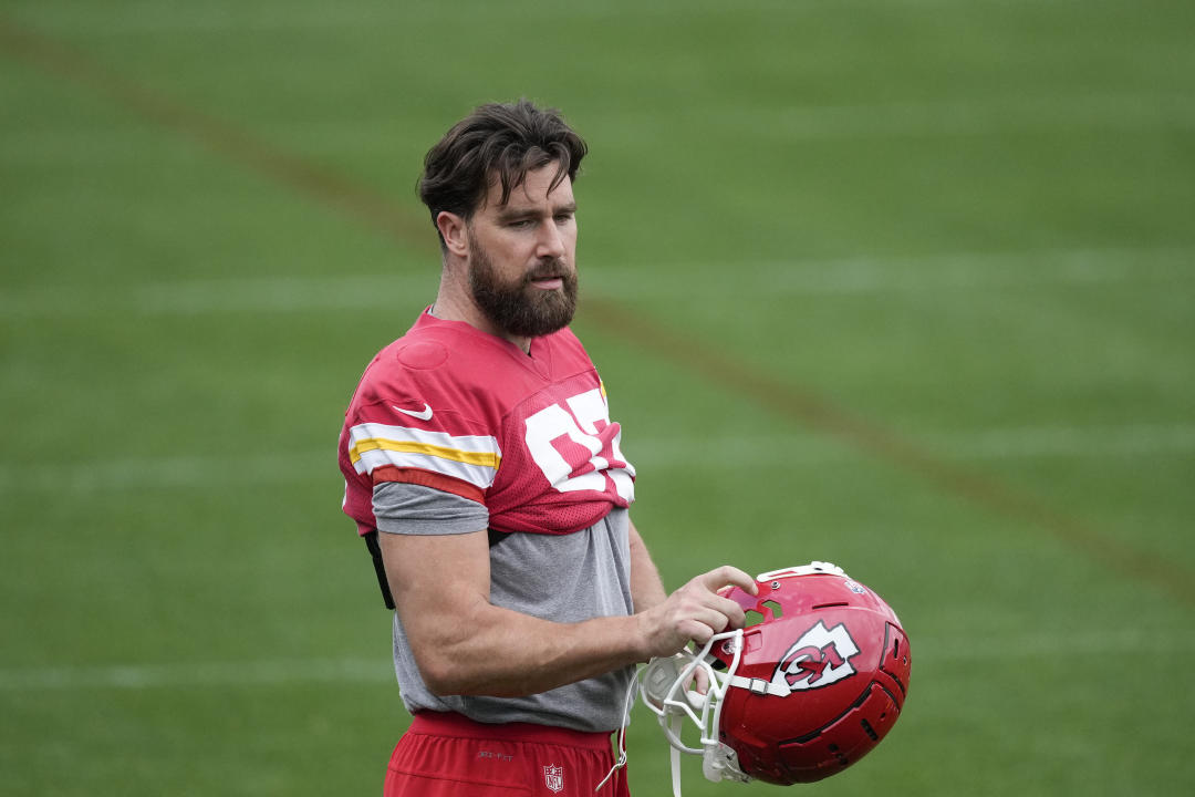 Kansas City Chiefs tight end Travis Kelce (87) looks on during an NFL football practice Thursday, Feb. 6, 2025, in New Orleans, ahead of Super Bowl 59 against the Philadelphia Eagles. (AP Photo/Brynn Anderson)
