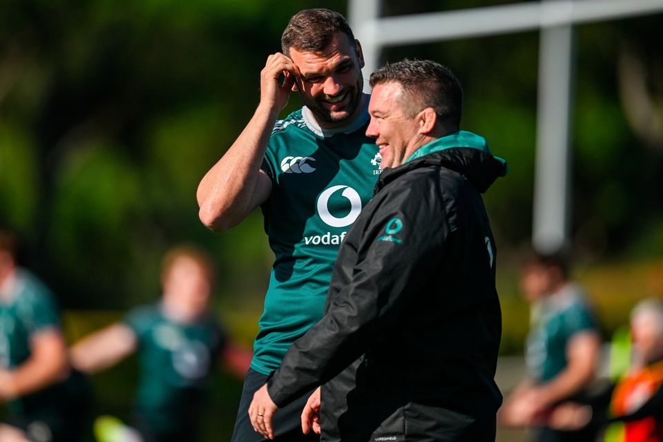 Influential forward Tadhg Beirne (left) and Irish scrum coach John Fogarty. Photo: Brendan Moran/Sportsfile