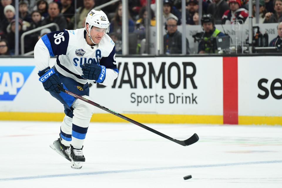 Feb 17, 2025; Boston, MA, USA; Team Finland forward Mikko Rantanen (96) skates with the puck during the second period in a 4 Nations Face-Off ice hockey game against Team Canada at TD Garden. (Bob DeChiara-Imagn Images)