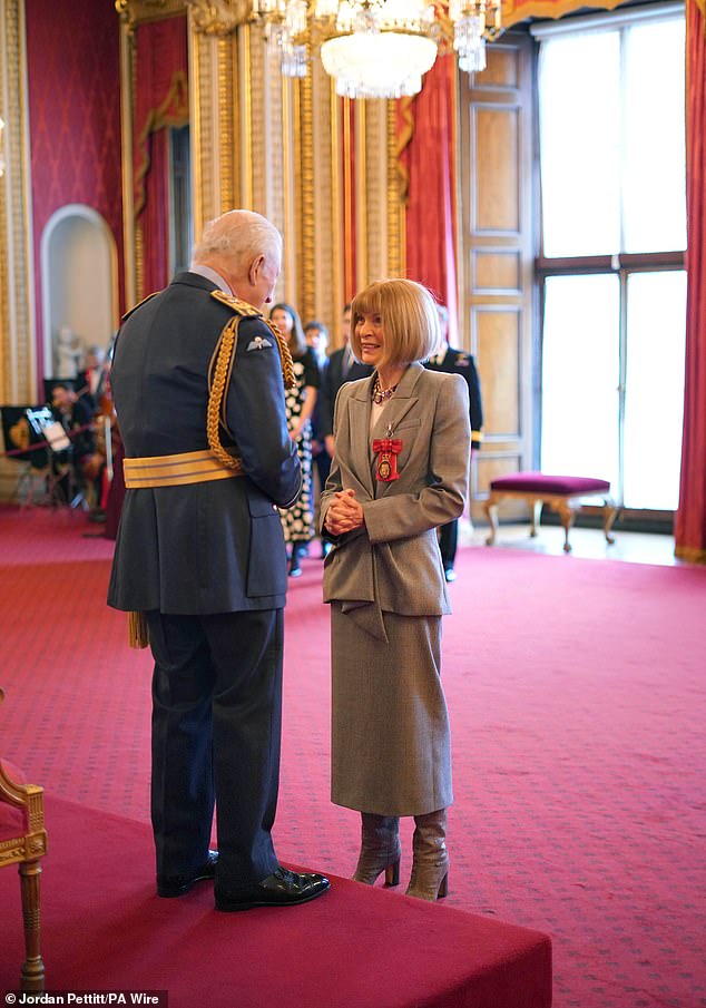 Legendary Vogue editor Anna Wintour was honoured by King Charles for her contribution to fashion during an investiture ceremony at Buckingham Palace this morning