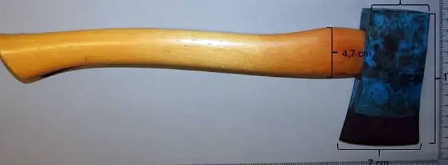 The victim was hit with an axe six times while lying in his bed, according to the prosecutor. Pictured: An axe found at the crime scene