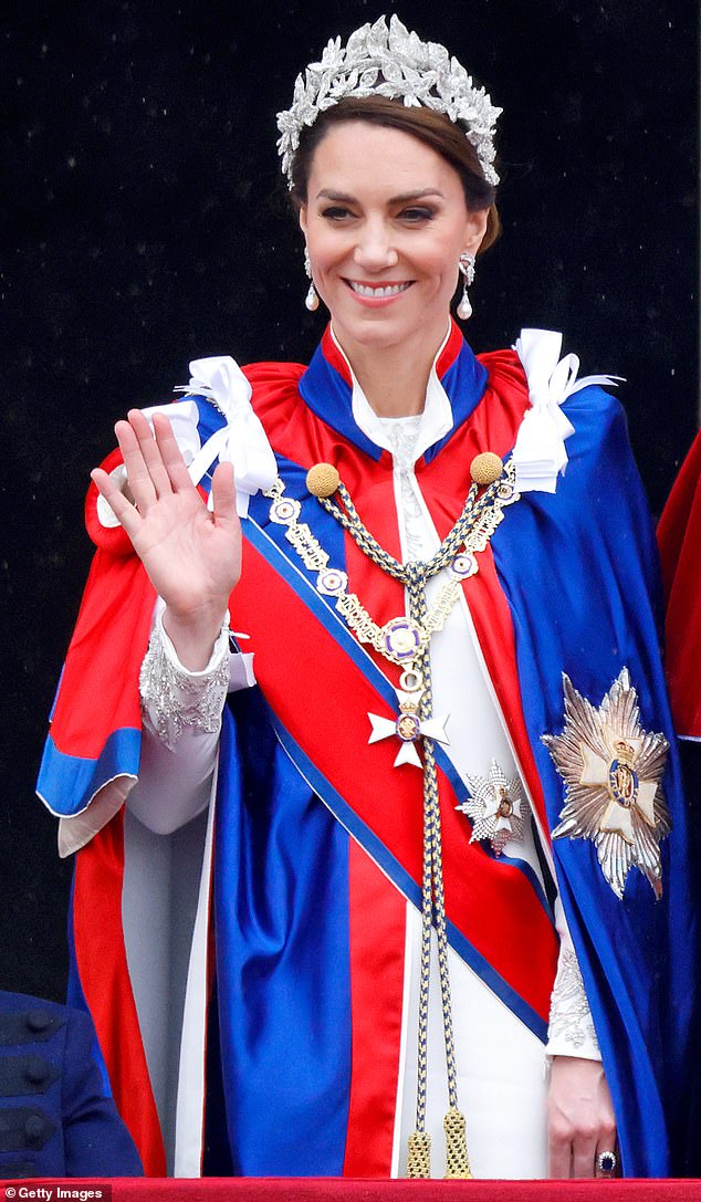 Think tiaras, for example. Is there really a practical function for such glitzy head gear? Or are tiaras now worn to delight a viewing public eager to enjoy their glamorous and, these days, infrequent appearances? (Pictured: Kate on May 6, 2023).