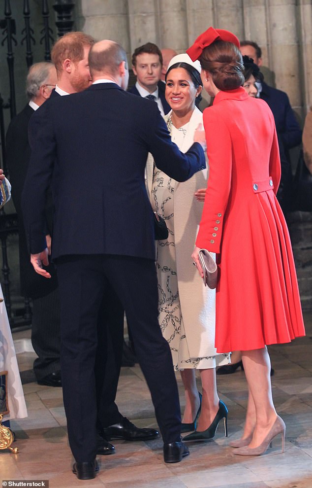 The two couples meet together and exchange kisses at the Commonwealth Day service at Westminster Abbey, London, on 11 March 2019