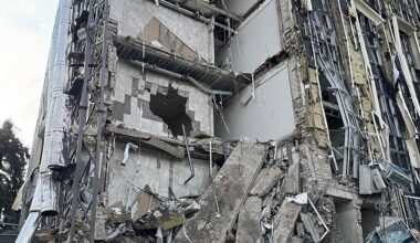 An administrative building stands damaged after Russian missile attack on February 5, 2025 in Izium, Ukraine