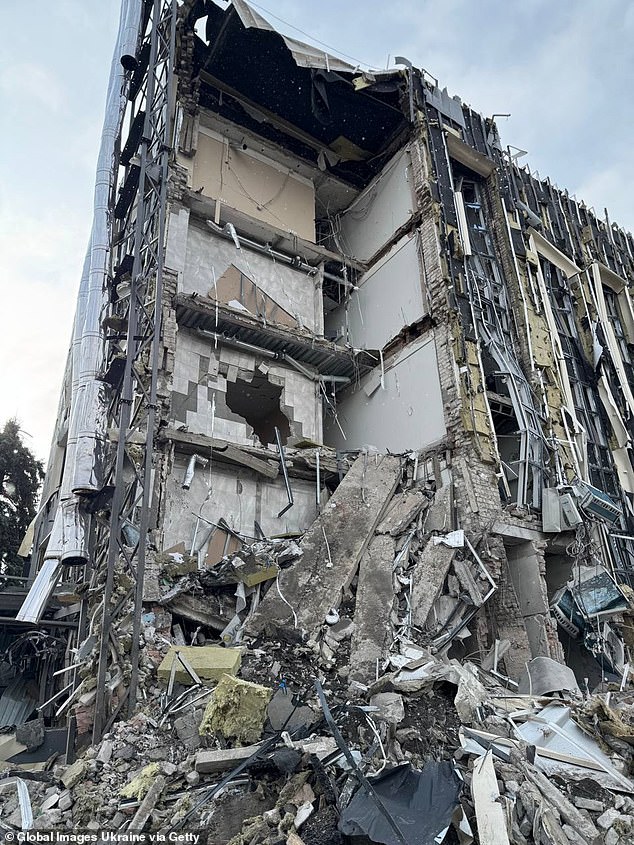 An administrative building stands damaged after Russian missile attack on February 5, 2025 in Izium, Ukraine