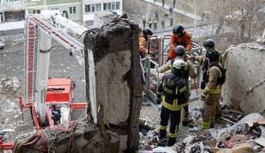 Officials work at the site of destruction after the Russian attack in Sumy, Ukraine on January 30, 2025
