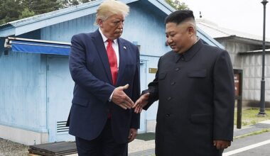 In this June 30, 2019 file photo, President Donald Trump meets with North Korean leader Kim Jong Un at the border village of Panmunjom in the Demilitarized Zone, South Korea.