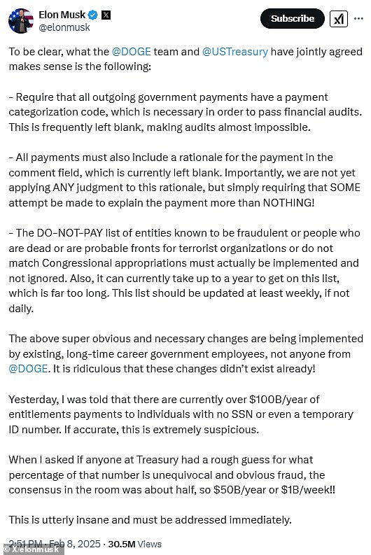 Musk outlined three agreements that Treasury Department will implement without the interference of his DOGE staffers