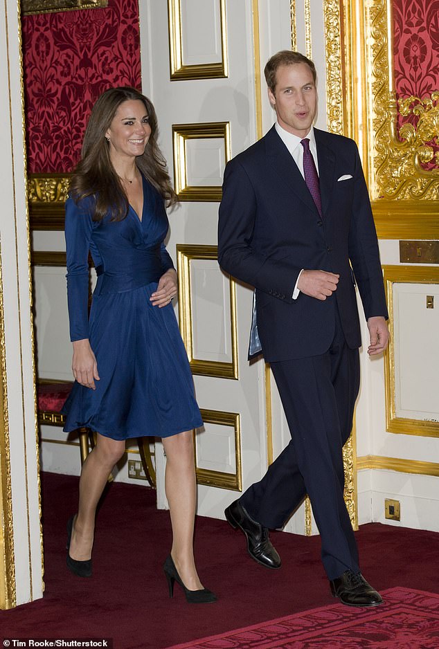 Prince William and Kate Middleton announced their engagement on November 16, 2010, with the future princess wearing a £385 royal blue frock by Daniella Helayel