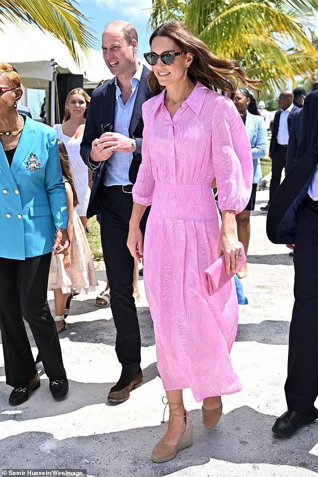 Kate wore a bubblegum pink Rixo dress during her March 2022 tour of the Caribbean