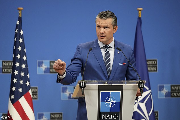 US Secretary of Defense Pete Hegseth speaks during a media conference after a meeting of NATO defense ministers at NATO headquarters in Brussels, on Thursday