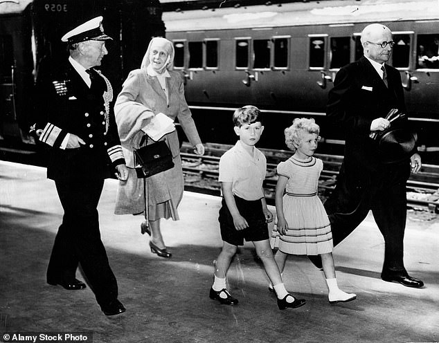 Princess Alice with her grandchildren Prince Charles and Princess Anne returning from Scotland