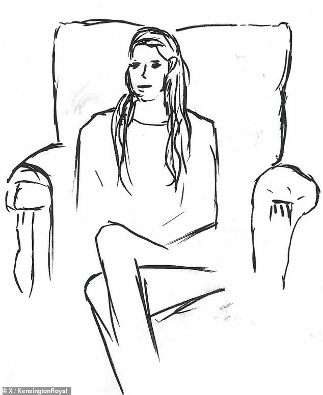 The heartwarming X post also included this sketch of the Princess of Wales sitting in a armchair, which was presumably done by Prince George