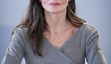 Queen Letizia of Spain stepped out of an elegant charcoal ensemble on Tuesday as she arrived for a meeting in Madrid (pictured)