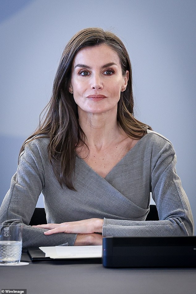 Queen Letizia of Spain stepped out of an elegant charcoal ensemble on Tuesday as she arrived for a meeting in Madrid (pictured)