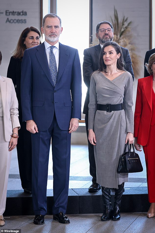 The Spanish royal 52, beamed as she appeared alongside her husband, King Felipe VI, 57, to attend a meeting of the Board of Trustees at the Royal Collections Gallery in the Spanish capital (Spanish royals pictured)