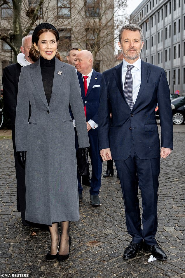 Queen Mary and King Frederik X of Denmark (pictured) attended The Church of Holmen for a special service to mark the third anniversary of the invasion  of Ukraine yesterday (pictured)