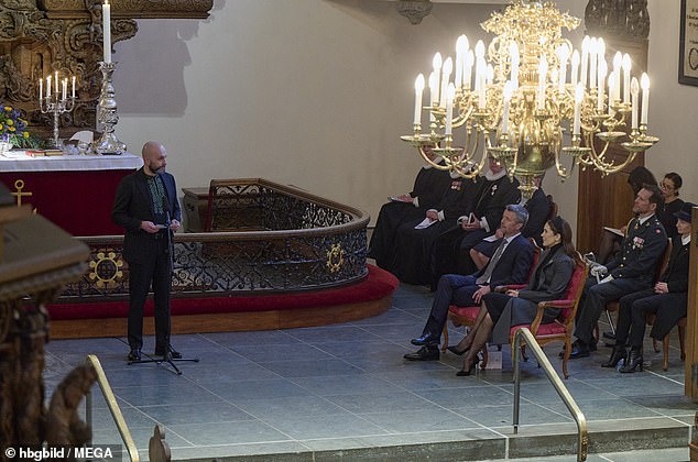 Mary and Frederik were seated at the front of the church as Andrii Yanevskyi (left), Ukraine's ambassador to Denmark, delivered an address