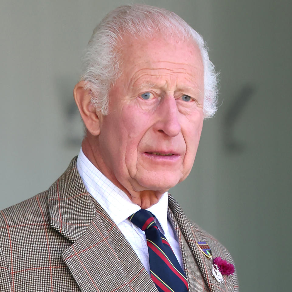 King Charles wears a tweed suit and looks worried, Princess Anne wears a navy suit jacket and looks stern.