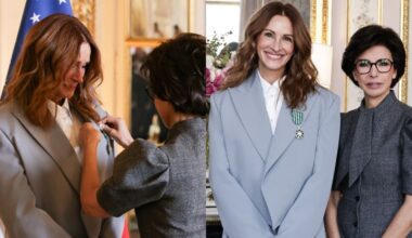Julia Roberts receives the "Chevalier de l'ordre des Arts et des Lettres" (Knight of the Order of Arts and Letters) title from France's Minister of Culture Rachida Dati at the French Ministry of Culture in Paris on February 28, 2025.