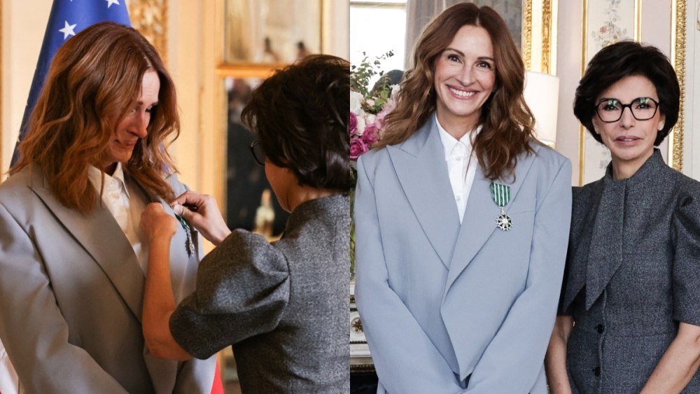 Julia Roberts receives the "Chevalier de l'ordre des Arts et des Lettres" (Knight of the Order of Arts and Letters) title from France's Minister of Culture Rachida Dati at the French Ministry of Culture in Paris on February 28, 2025.