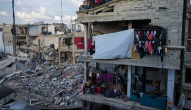 Laundry hangs on a destroyed building caused by the Israeli air and ground offensive in Jabaliya, Gaza Strip, Wednesday, Feb. 5, 2025. (AP Photo/Abdel Kareem Hana)