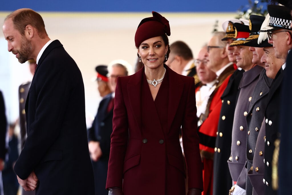 Prince William, Prince of Wales and Catherine, Princess of Wales greet dignitaries as she arrives to form part of a Ceremonial Welcome at Horse Guards Parade during day one of The Amir of the State of Qatar's visit to the United Kingdom on December 3, 2024 in London, England.