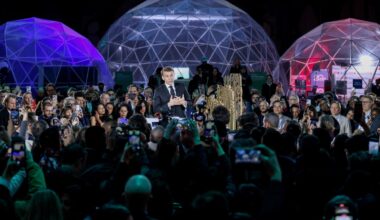 TOPSHOT - France's President Emmanuel Macron (C) delivers a speech during a closing event for the first day of the Artificial Intelligence (AI) Action Summit, at the Grand Palais, in Paris, on February 10, 2025. (Photo by Ludovic MARIN / AFP) (Photo by LUDOVIC MARIN/AFP via Getty Images)