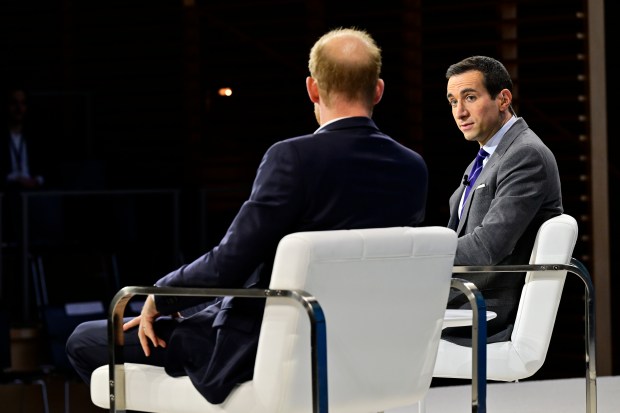 NEW YORK, NEW YORK - DECEMBER 04: Andrew Ross Sorkin and Prince Harry, Duke of Sussex, speak onstage during The New York Times Dealbook Summit 2024 at Jazz at Lincoln Center on December 04, 2024 in New York City. (Photo by Eugene Gologursky/Getty Images for The New York Times)