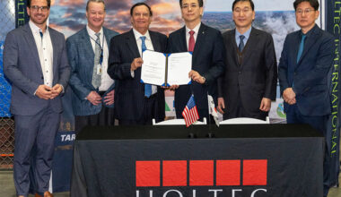 Holtec and Hyundai executives announce an initiative to develop small modular reactors at Holtec’s Palisades Nuclear Plant in Covert, Mich., on Feb. 25