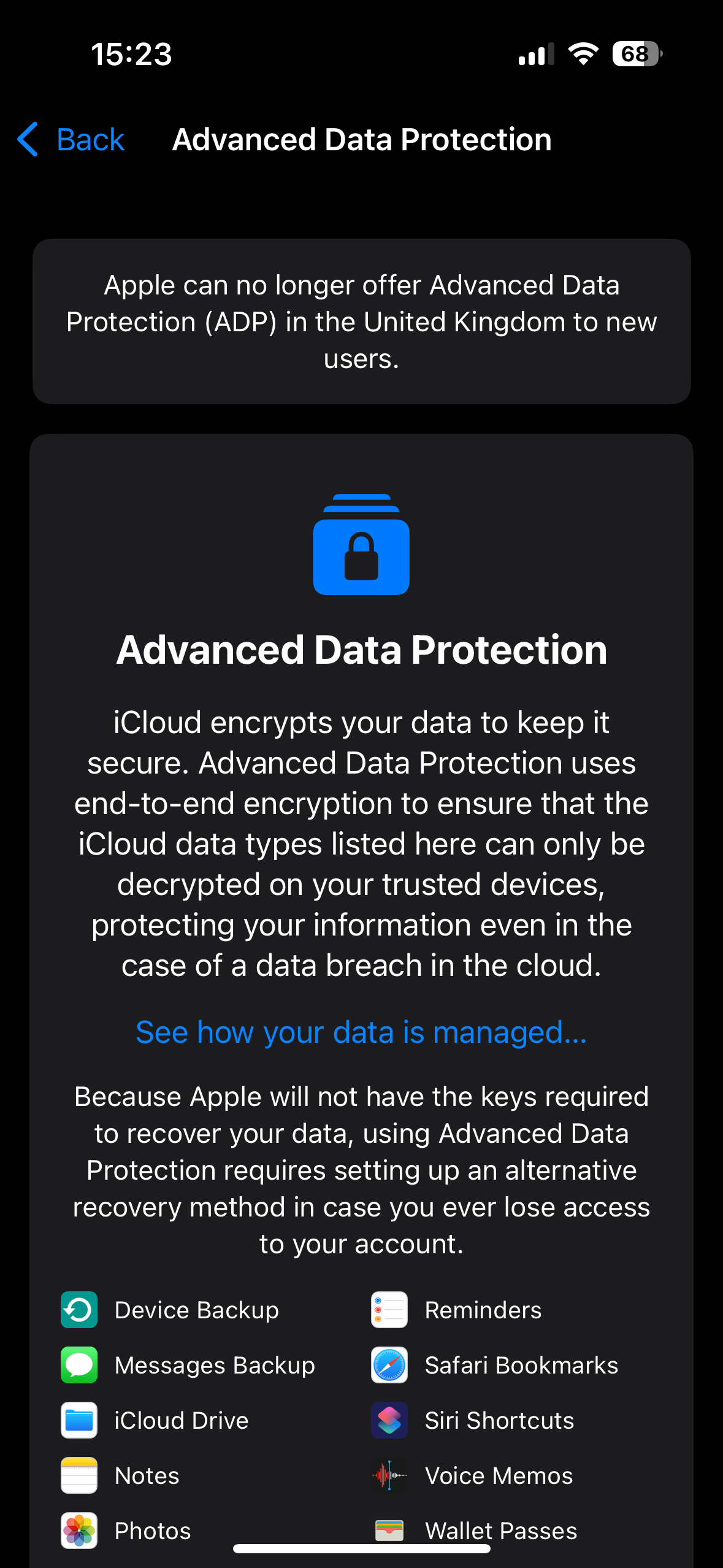 A screenshot showing the unavailability of ADP on an iPhone in the UK