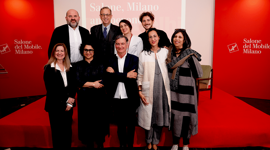 Salone del Mobile officials recently visited India to discuss potential expanded collaborations between the two countries. Shown are: Andrea Vaiani, Antonio Bartoli, Maria Porro, Federico Fraternale, Antonietta Baccanari, Samta Nadeem, Andrea Anastasio, Malika Verma, and Iram Sultan