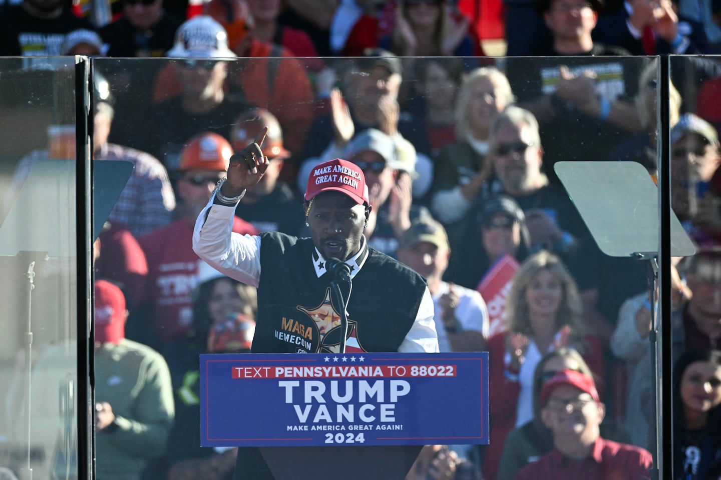 Former Pittsburgh Steelers player Antonio Brown speaks during a Trump campaign rally in Latrobe, Pennsylvania, in October 2024.
