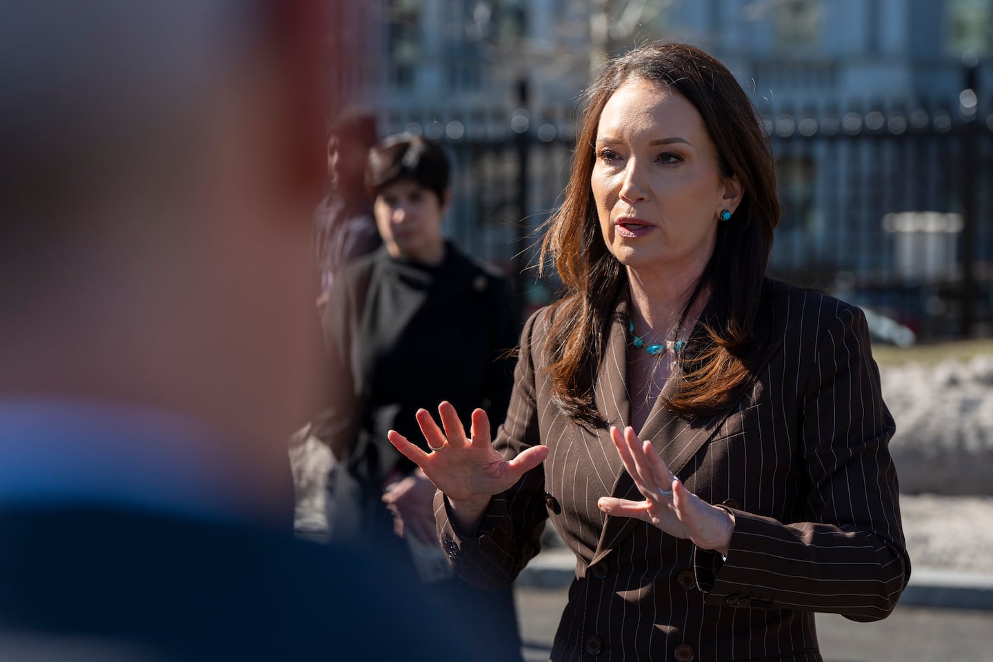 Agriculture Secretary Brooke Rollins speaks with reporters at the White House, Friday, Feb. 14, 2025, in Washington.