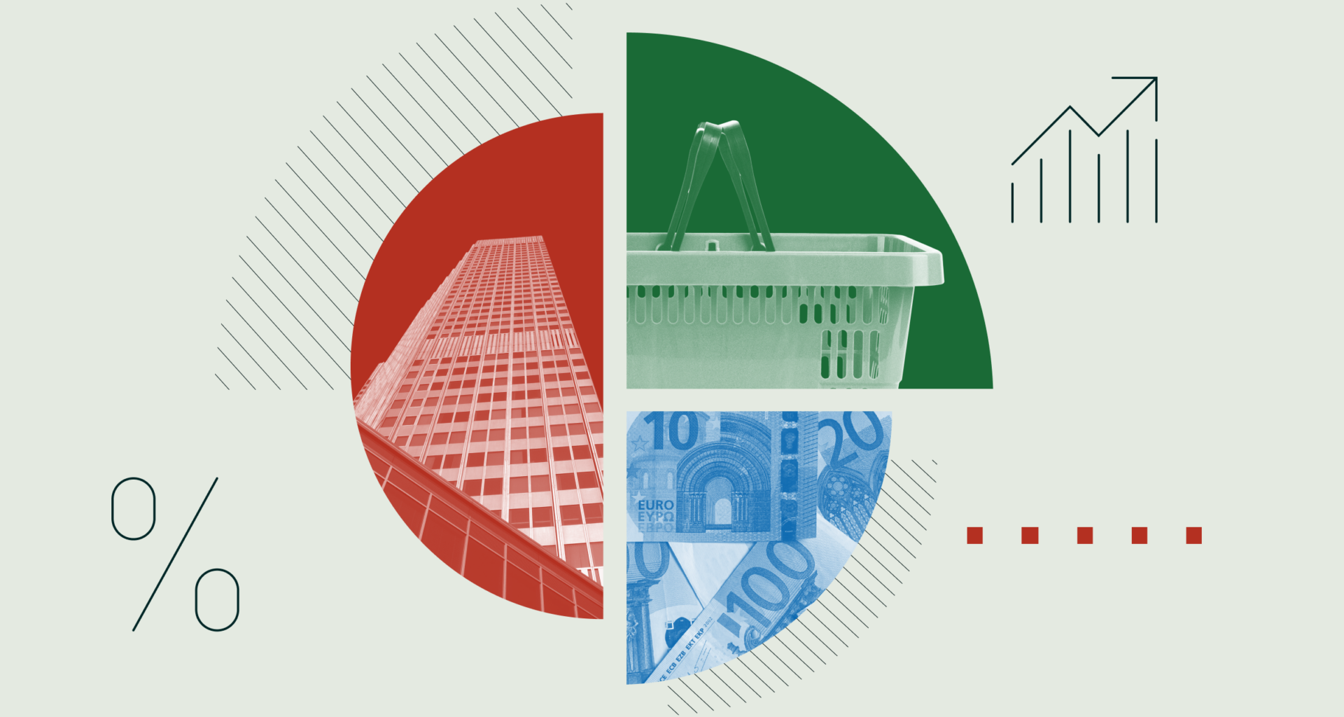 Collage illustration of a pie chart with images of the European Central Bank, a shopping cart, and banknotes.