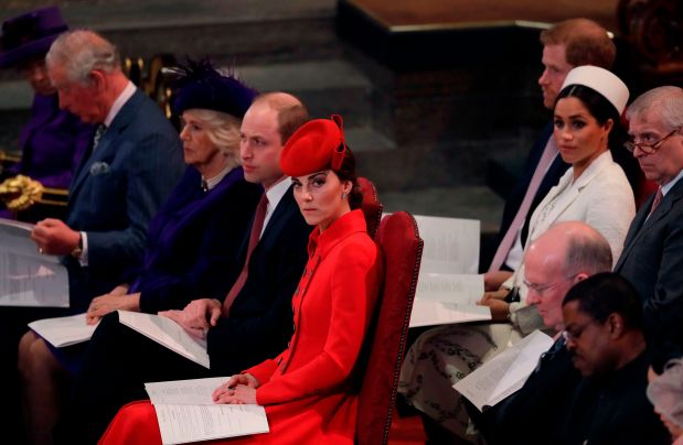 (L-R front row) Britain's Queen Elizabeth II, Britain's Prince Charles, Prince of Wales, Britain's Camilla, Duchess of Cornwall, Britain's Prince William, Duke of Cambridge, and Britain's Catherine, Duchess of Cambridge, with (L-R second row) Britain's Prince Harry, Duke of Sussex, Britain's Meghan, Duchess of Sussex and Britain's Prince Andrew, Duke of York, are seated as they attend the Commonwealth Day service at Westminster Abbey in London on March 11, 2019. - Britain's Queen Elizabeth II has been the Head of the Commonwealth throughout her reign. Organised by the Royal Commonwealth Society, the Service is the largest annual inter-faith gathering in the United Kingdom. (Photo by Kirsty Wigglesworth / POOL / AFP) (Photo credit should read KIRSTY WIGGLESWORTH/AFP via Getty Images)