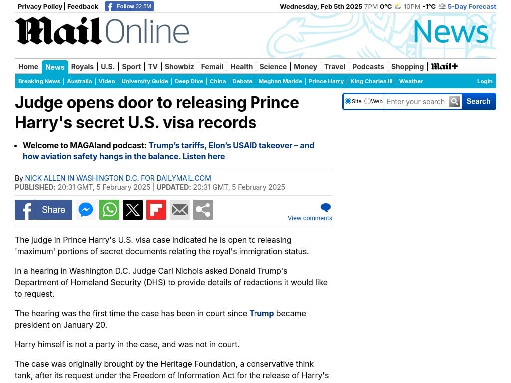 Judge opens door to releasing Prince Harry's secret U.S. visa records