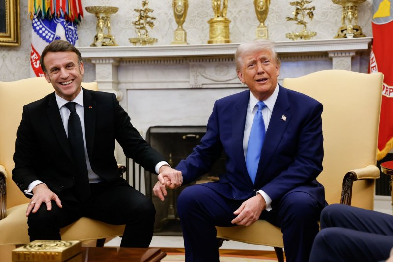 French President Emmanuel Macro and U.S. President Donald Trump appear in the Oval Office of the White House on Monday. Pool Photo by Ludovic Marin/UPI
