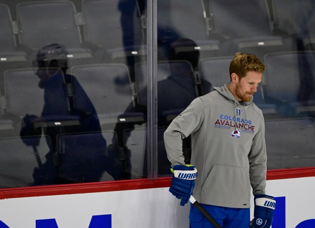 Colorado Avalanche left wing Gabriel Landeskog, right, during practice before game five of the First Round of the 2024 Stanley Cup Playoffs against the Winnipeg Jets at the Canada Life Centre in Winnipeg, Canada on Tuesday, April 30, 2024. (Photo by Andy Cross/The Denver Post)