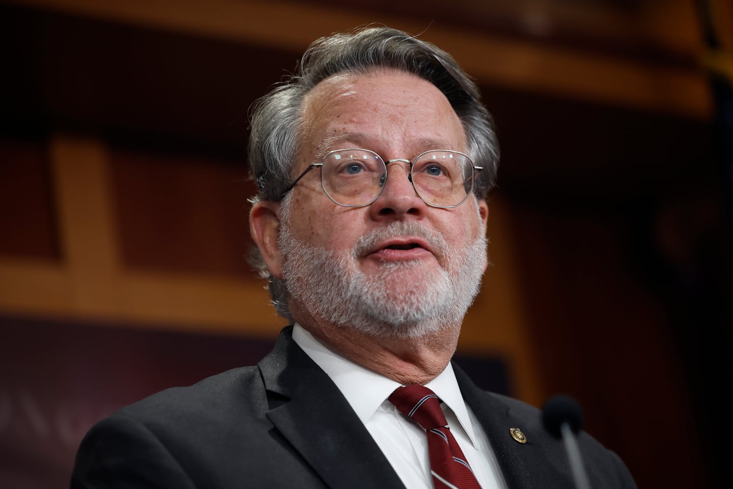 Senator Gary Peters speaks on the Trump Administration's federal air freeze during a press conference at the US Capitol on Jan. 29, 2025 in Washington, DC.