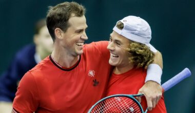 Vasek Pospisil (left) puts his arm around Liam Draxl (right) after winning their doubles match for Canada over Hungary at the Davis Cup.
