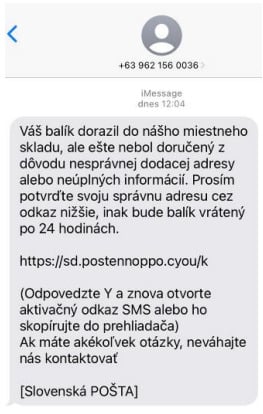 Jedna z podvodných SMS v mene Slovenskej pošty. Zdroj: Slovenská pošta
