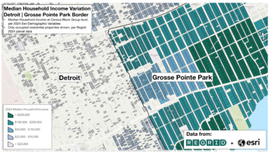 [OC] Median household income variation at the Detroit | Grosse Pointe Park border